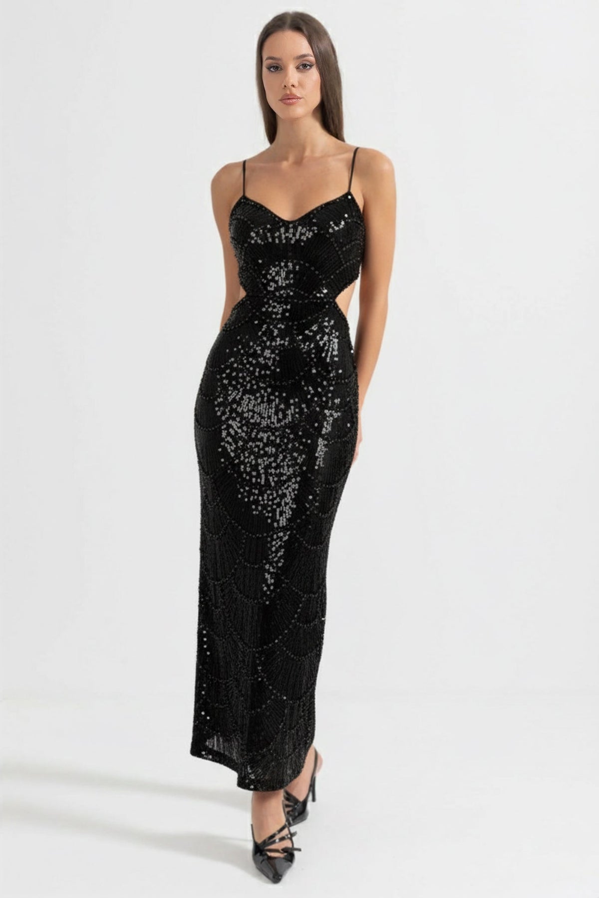 Sequin Sweetheart Midi Dress with Side Cut-Outs – Black